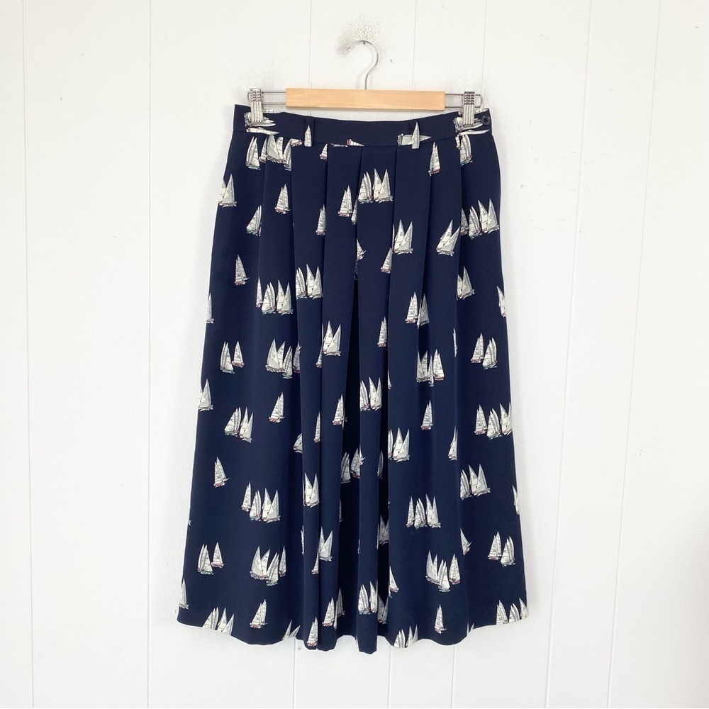 J.G. Hook Womens Midi Skirt 29” W Navy White Sailboat Pleated Nautical Pockets *